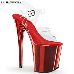 Sandals LAIJIANJINXIA 8 Inch High Heel Sandals Transparent Upper 20Cm Stiletto Heels Pole Dancing Sandals For Fashion Models Shoes Z0325