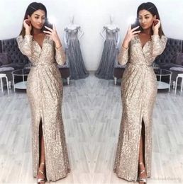 Sparkling Long Sleeves Sequins Evening Dresses 2020 V Neck Pleats High Split Floor Length Formal Party Prom Gowns BC0815