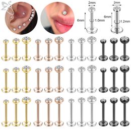 Nose Rings Studs ZS 10 Pcslot Gold Color 1618G Stainless Steel Labret Lip Piercing CZ Crystal Ear Cartilage Tragus Helix Piercings Set 6810MM 230325