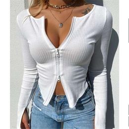 Women's T-Shirt Women T-shirt Spring Autumn Clothes Ribbed Knitted Long Sleeve Crop Tops Zipper Design Tee Sexy Female Slim Black White Tops 230325