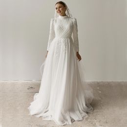 Charming Beaded Wedding Dresses Muslim Sequined Bridal Gowns High Collar With Long Sleeves A Line Sweep Train Tulle Vestido De Novia