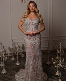 Prom Mermaid Dresses Sleeveless Bateau Strapless Appliques Pearls Sequins Floor Length Beaded Diamonds Evening Dress Bridal Gowns Plus Size Custom Made