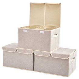 Storage Boxes Bins 3 Pack Large Linen Fabric Foldable Storage Cubes Bin Box Containers with Lid and Handles for Nursery Closet Kids Room Toys P230324