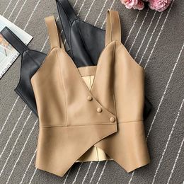 Women's Vests Women Street Fashion PU Faux Leather Irregular Hem Zipper Waistcoat Vintage Stylish Vest Female Outerwear Chic Tops 220325