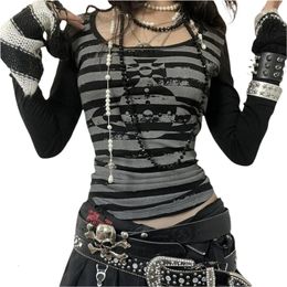 Women's T-Shirt Xingqing Gothic Grunge Tops y2k Aesthetic Striped Long Sleeve T Shirts 2000s Graphic Tee Dark Academia Clothes E Girl Streetwear 230325