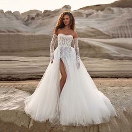 Boho Wedding Dress Detachable Long Sleeve Bridal Dresses Thigh Split Overskirt Outdoor Wedding Gowns