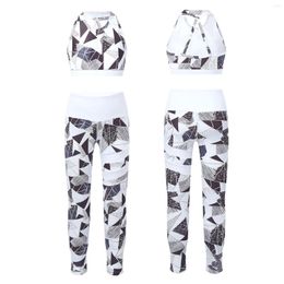 Stage Wear Girls Two Pieces Sport Outfits Printed Sleeveless Summer Gymnastics DanceWear Crop Tank Top With High Waist Leggings Tracksuits