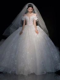 S A Line Dresses Long Off Shoulder Mermaid Bridal Gowns Custom Made Lace Appliques 3D Flowers Wedding Dress Robes De Mariee 403