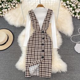 Two Piece Dress Office Lady Two-piece Suit Woman Woollen Plaid Singel Breasted es Slim Sweater Tops Sets Korean 2 Pcs Outfits 230325