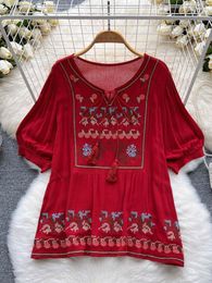 Women's Blouses Summer Ethnic Style Loose Thin Embroidered Puff Sleeve Top American Retro Beautiful Lace Round Neck T-shirt Women Blouse