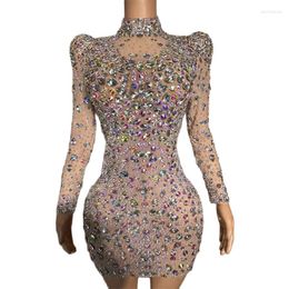 Stage Wear Sparkly AB Rhinestones Crystal Sexy Mesh See Through Short Dress Prom Party Evening Celebrate Birthday Women