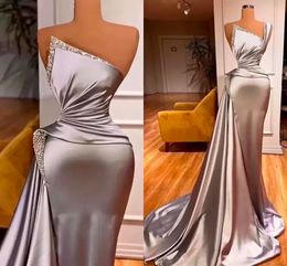 Prom Party Gown Formal New Evening Dresses Custom Plus Size Satin Zipper Sleeveless Pleat Mermaid Beaded Trumpet One-Shoulder