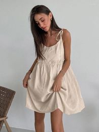 Casual Dresses 2023 Summer Dress Cotton Linen Loose Slip Mini Women V-neck Lace-up Ruffles Beach Sundresses