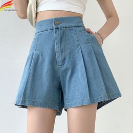 Women's Shorts DFRCAEG Summer Denim Shorts For Women High Elastic Waist Blue Or Sky Blue Wide Leg Loose Pleated Mini Plus Size Short Femme 230325