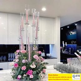 Party Decoration Wholesale 8 10 heads Arms Long Stemmed Modern Clear Acrylic Tube Hurricane Crystal Candle Holders Wedding Table