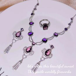 Necklace Earrings Set Foydjew Luxury High Quality Jewelry Purple Crystal Necklaces Tassel Pendant Adjustable Rings Wedding Bridal Sets