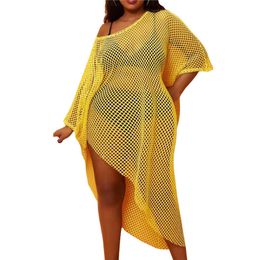 Women's Swimwear XL-4XL Big Size Beach Dress For Women Yellow Mesh Hollow Out Cover Up Irregular Loose Seaside Lady Plus 220325