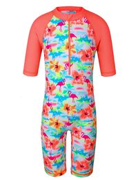 Swim Wear BAOHULU Short Sleeve Girls Swimsuit Print Baby Kids Rash Guard Orange Toddler Swimwear Bathing Suit Beachwear 230325