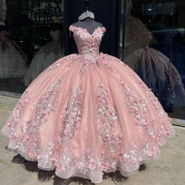 2023 Pink Quinceanera Dresses With 3D Floral Lace Applique V Neck Beaded Floor Length Tulle Corset Back Sweet 16 Party Prom Ball Evening Vestidos 401 401