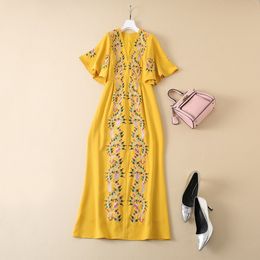 Spring V Neck Floral Embroidery Dress Yellow Short Sleeve Panelled Mid-Calf Midi Casual Dresses S2O080115