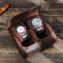 Watch Boxes Leather 2 Slots Roll Case Portable Vintage Style Holder Travel Jewellery Pouch Organiser Storage Box