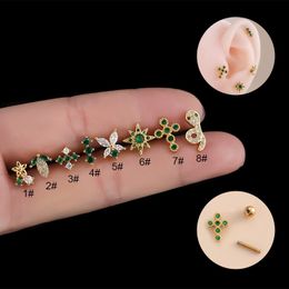 Nose Rings Studs 1PC Green CZ Stud Earring for Women Earrings Fashion 20G Stainless Steel Butterfly Snake Cross Ear Screw Piercing Jewellery 230325