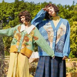 Women's Knits Tees Van Gogh Sunflower Vintage Sleeve Cardigan Knit Sweater Women Elegant Luxury Embroidery Knitwear Sweaters Streetwear Tops 230324