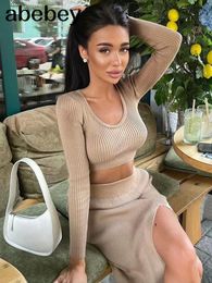 Two Piece Dress Knitted Winter Women Sexy Sweater Skirt Suit Y2K Fashion Long Sleeve Crop Tops And Split Sets 230325
