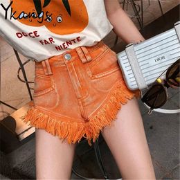 Women's Shorts Orange Tassel Patchwork Mid Waist Pockets Denim Shorts Sexy Gothic High Street Women Short Jeans Harajuku Wild Summer Clothing 230325