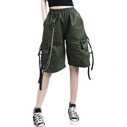 Women's Shorts Summer Women Cargo Shorts Female Loose Straight Casual Short Pants Fashion Elastic Waist Handsome Chain Knee Length Shorts 230325