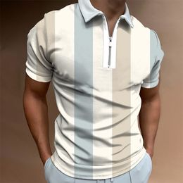 Men's Polos Summer Letter Printing High Quality Men Polo Shirts Plaid Casual Short Sleeve Mens Shirts Turn-Down Collar Zipper Polo Shirt 230325