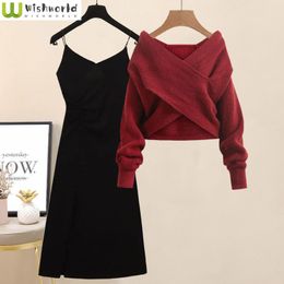 Two Piece Dress Spring and Autumn Women's Suit Korean Style Slim Age Reducing Fashionable Sweater Sling Set 230325