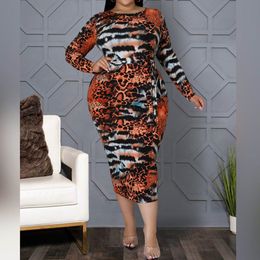 Plus size Dresses Fashion Printed Leopard Print Waistband Midi Dress Round Neck Long Sleeve Slim Stretch Size Women Clothing Wholesale 230325