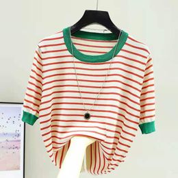 Women's T-Shirt Shintimes Striped T Shirt Women Tee Shirt Femme Summer Thin Ice Silk Knit T-Shirts Short Sleeve Womens Clothing Camisetas Mujer 230325