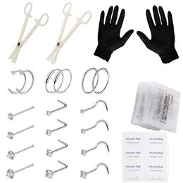 Nose Rings Studs WKOUD 34PCS Piercing Kit Includes Lip Stud Steel Needles Clamps Nail Hoops for Jewellery Tools Supplies 230325