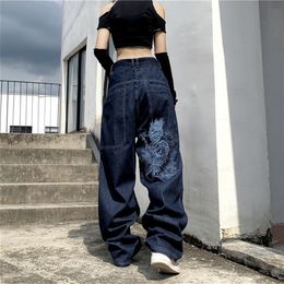 Women's Jeans American street hip hop dragon embroidery retro high waist loose straight wide leg jeans female Y2K Harajuku wild couple 230325