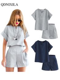 Women's Shorts Summer Cotton Linen Oversized Women's Shorts Sets Solid Fashion Short Sleeve T-shirt Top and Shorts 2 Piece Set Outfits 230325