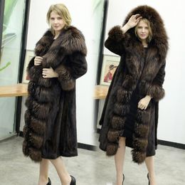 Women's Fur & Faux Imported Velvet Mink Coat Female Whole Long Collar Hooded Brown