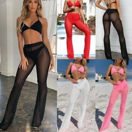 Women's Swimwear Sexy Women Beach See-through Mesh High Waist Elastic Sheer Wide Leg Pants Trousers Bikini Cover Up S-XL 220325