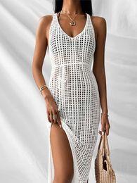 Women's Swimwear Crochet Tunic Knitted Kaftan Sexy Backless Vestidos Hollow Out Robe Long Beach Dress Slit Outer Cover Women Cover-ups Swim 220325