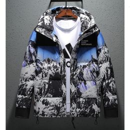 Men's Jackets Snow Mountain Print Down Padded Mens Fashion Outdoor Loose Thick Warm Cotton Coat Winter with Hood 230325