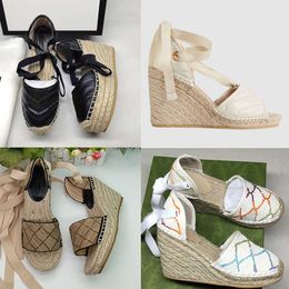 Women High Heeled Sandals Thick Soled Light Rope Woven Cross Belt Fishermans Shoes Luxury Female Designer Wild Wedge Comfortable Sandals Canvas Shoes With Box NO037