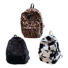 Backpack Women Cow Print Backpack MultiPockets Shoulder Bags Winter Soft Plush Leopard Pattern Travel Bag Fluffy School Book Bag 230324