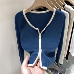 Women's Knits Slim Fit Double Zipper Sweater Long Sleeve Spring Blue Cropped Cardigan Sueter Mujer Casual Y2k Clothes Knitted Jacket Women
