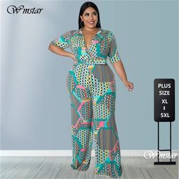 Women's Plus Size Jumpsuits Rompers Wmstar Women Jumpsuit Summer Clothes Printed V Neck with Belt Urban Leisure Shirts Bodysuit Wholesale Drop 230325