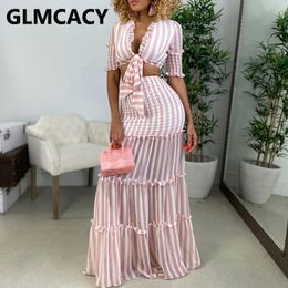 Two Piece Dress Women Stripes Sets Suits Short Sleeve Tie Front Top and Long Maxi Skirt Set 230325