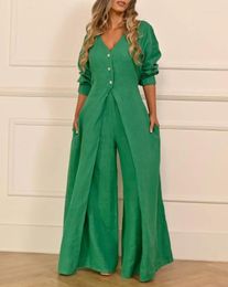 Women's Two Piece Pants Summer Tow Set For Women Outfit 2023 High Slit Buttoned V-Neck Long Sleeve Longline Top & Casual Ladies Trousers