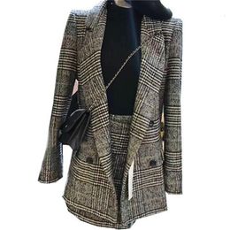 Two Piece Dress Selling lattice stripes long suit jacket half skirt ladies fashion casual two piece set B482 230324
