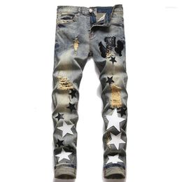 Men's Jeans Mens Stretch Ripped Star Badge Print Casual Denim Skinny Fit Streetwear Hip Hop Pattern Jean