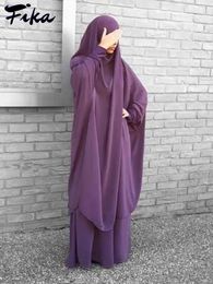 Ethnic Clothing Women 2 Piece Set Hooded Muslim Dress Eid Prayer Garment Jilbab Abaya Long Khimar Full Cover Ramadan Gown Abayas Islamic Cloth 230324